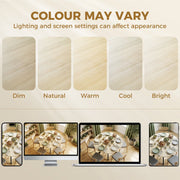 Five wood-effect colour swatches showing how lighting and screen settings can change the finish