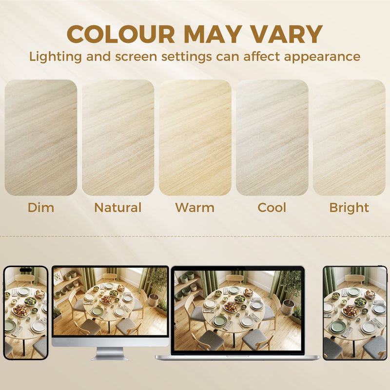 Five wood-effect colour swatches showing how lighting and screen settings can change the finish