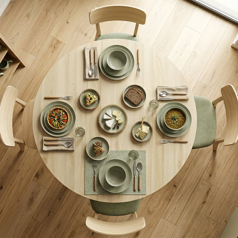 Overhead view of the round tabletop set with plates, bowls and cutlery for four