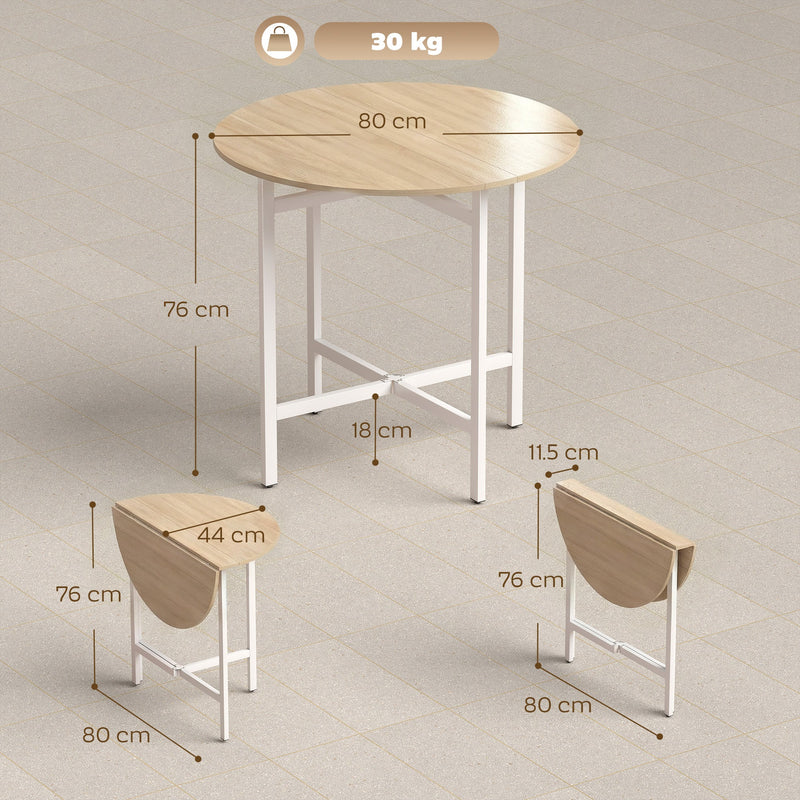Dimensions diagram of the folding table showing 80 cm round top, 76 cm height, 18 cm space underneath, 11.5 cm folded depth and 30 kg capacity