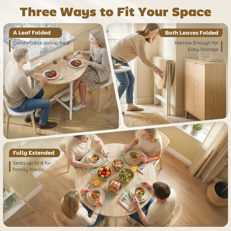 Three ways to fit your space panel showing a leaf folded, both leaves folded for storage and the table fully extended