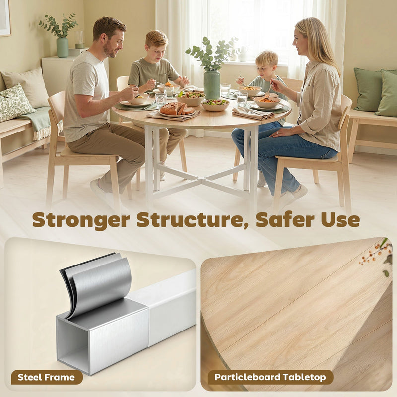 Family of four at the table with close-ups of the steel frame tube and particleboard tabletop