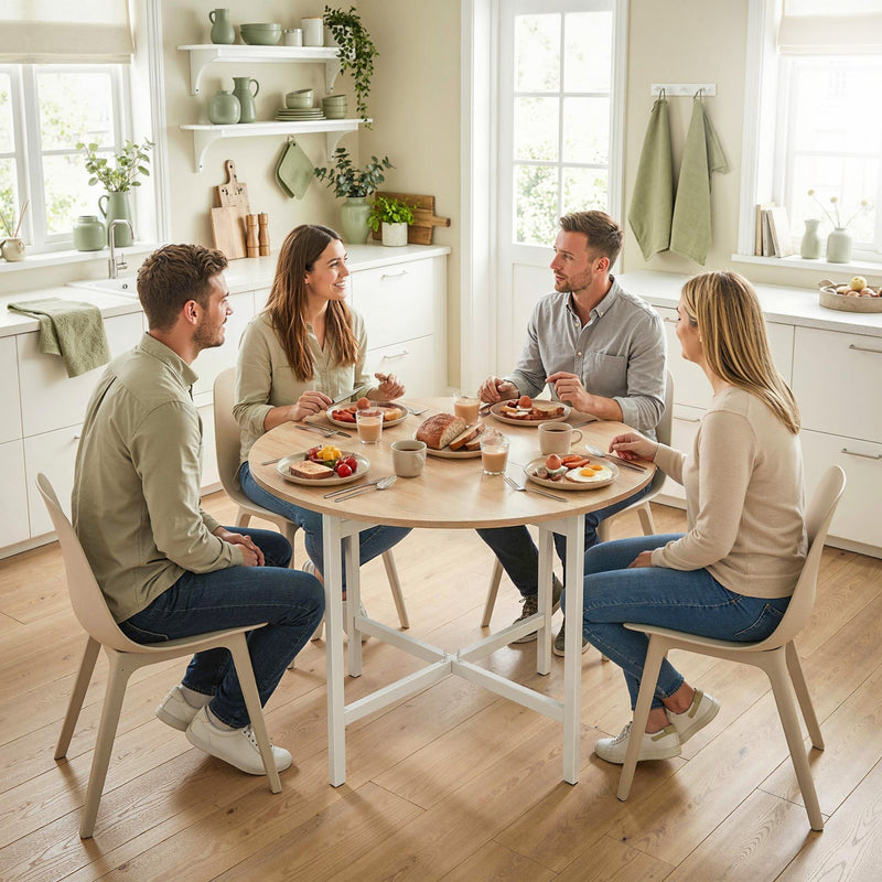Four adults sharing a meal at the round table in a bright kitchen