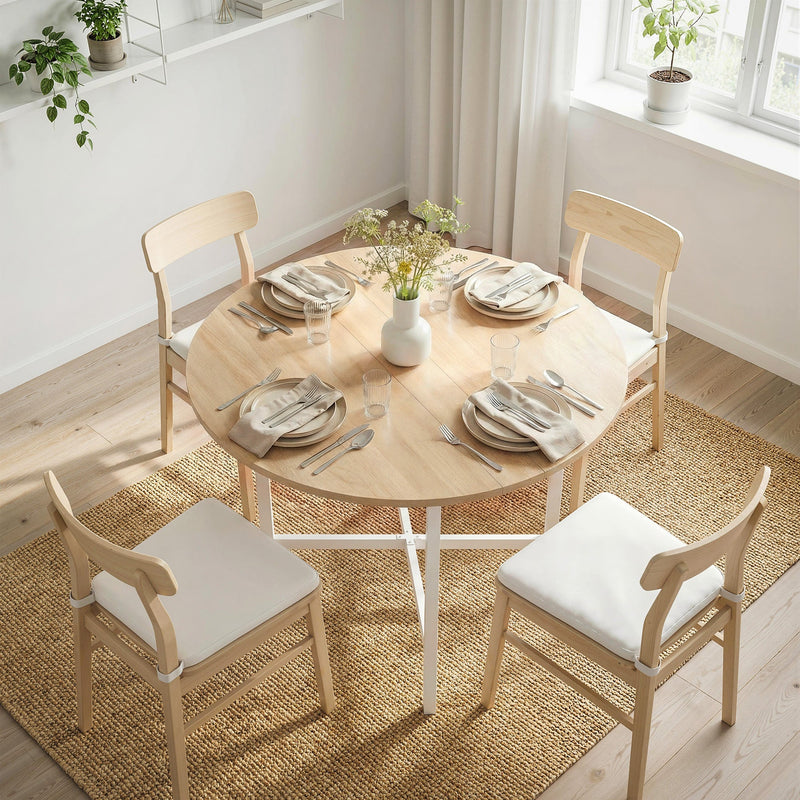Round table set with plates and flowers for four, seen from above on a woven rug