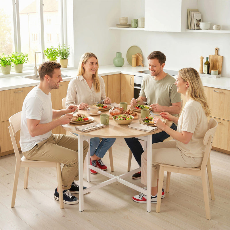 Group of four eating at the round folding table next to a kitchen worktop