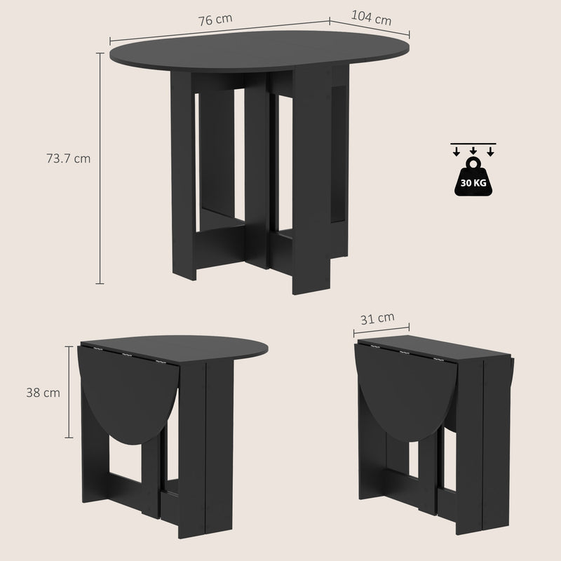 Dimension diagram showing the table at 104 cm extended, 76 x 31 cm folded, with leg sizes labelled