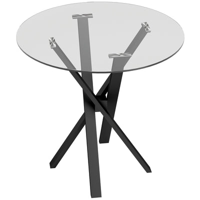 Round clear glass dining table on black criss-cross steel legs, white background