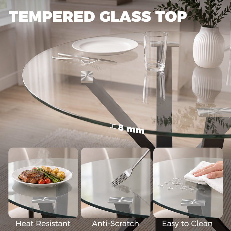 Close-up of 8 mm tempered glass top showing heat resistant, anti-scratch and easy-clean features