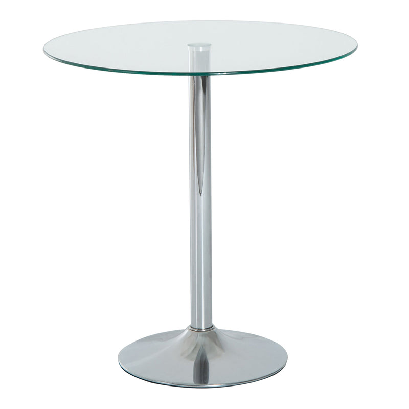 Round clear glass dining table with a chrome metal base, studio shot