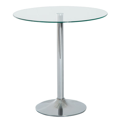 Round clear glass dining table with a chrome metal base, studio shot