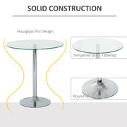 Construction diagram highlighting the tempered glass tabletop and round metal base