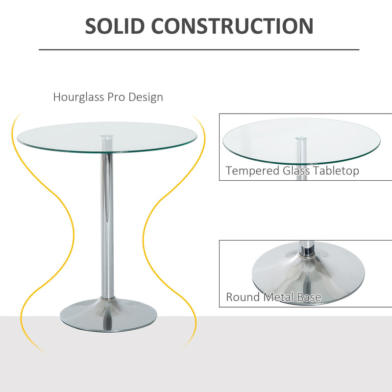 Construction diagram highlighting the tempered glass tabletop and round metal base