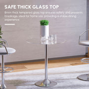 Table styled with bar stools and glassware, callout describing the 8mm safety glass top