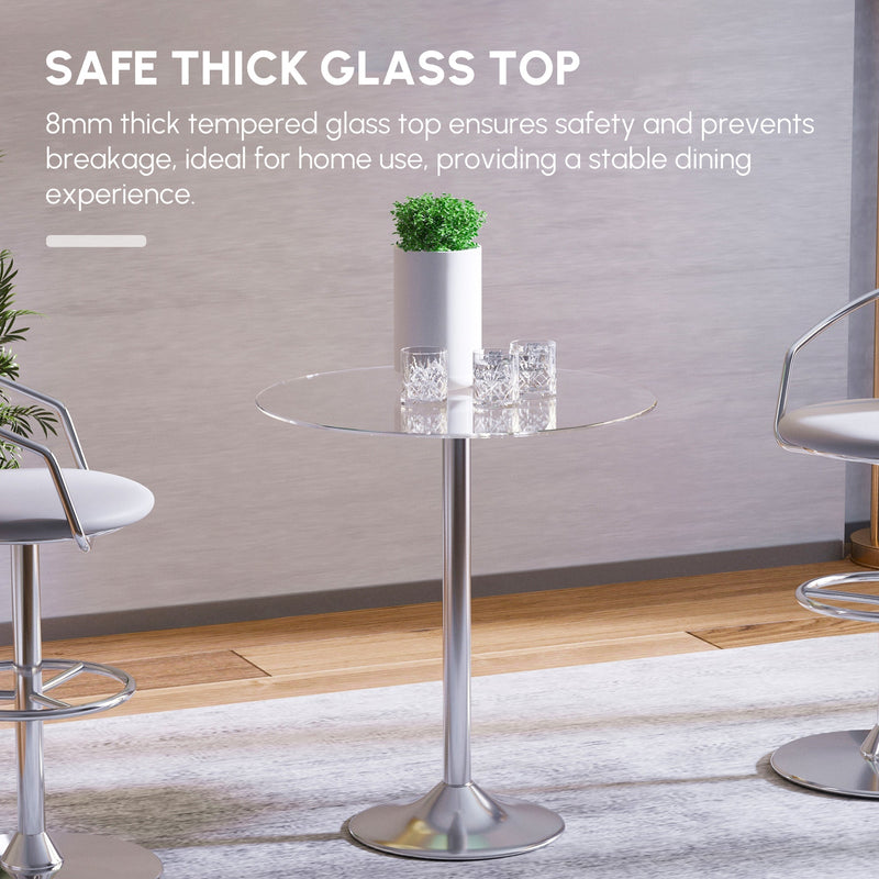 Table styled with bar stools and glassware, callout describing the 8mm safety glass top