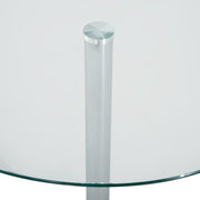 Close-up of the chrome column mounted under the glass tabletop