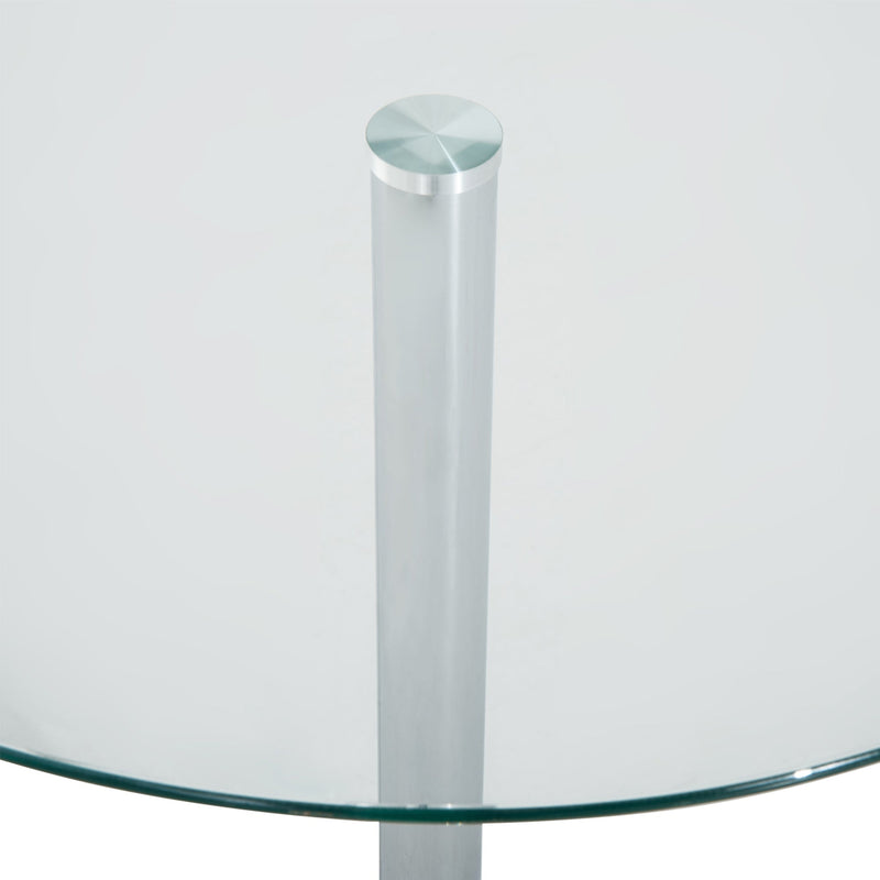 Close-up of the chrome column mounted under the glass tabletop