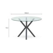 Dimensions diagram for the round glass dining table with grey metal legs