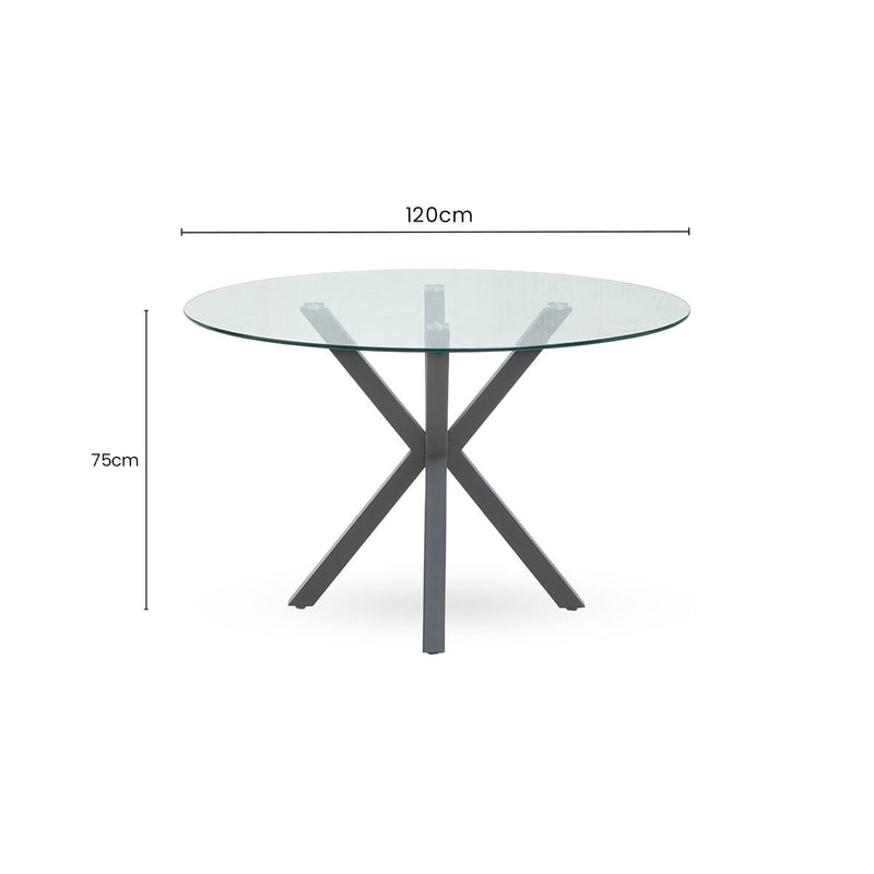 Dimensions diagram for the round glass dining table with grey metal legs