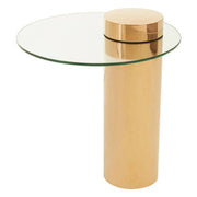 46cm round glass side table with rose gold metal pedestal on a plain background