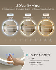 Three round mirrors showing 6000K daylight, 4000K neutral and 3000K warm light, with a touch control close-up