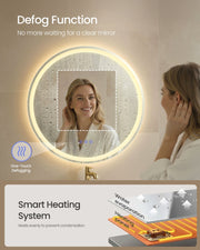 Woman checking her reflection in a defogged round LED mirror, with a smart heating system diagram