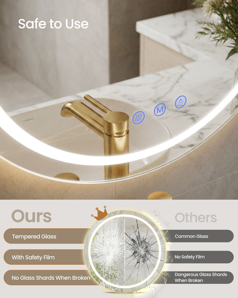Safe-to-use panel comparing tempered glass with safety film against common glass that shatters