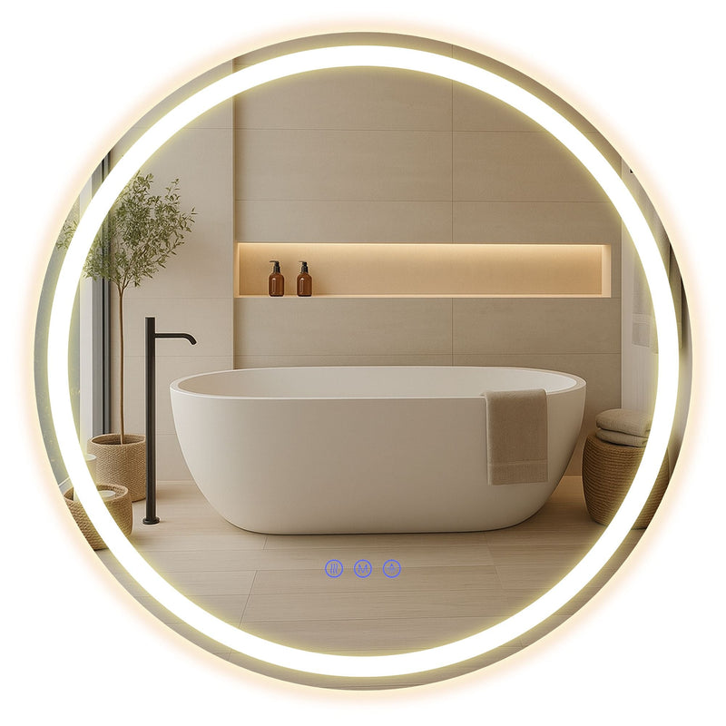 61 cm matte white round LED mirror reflecting a freestanding bath in a modern bathroom