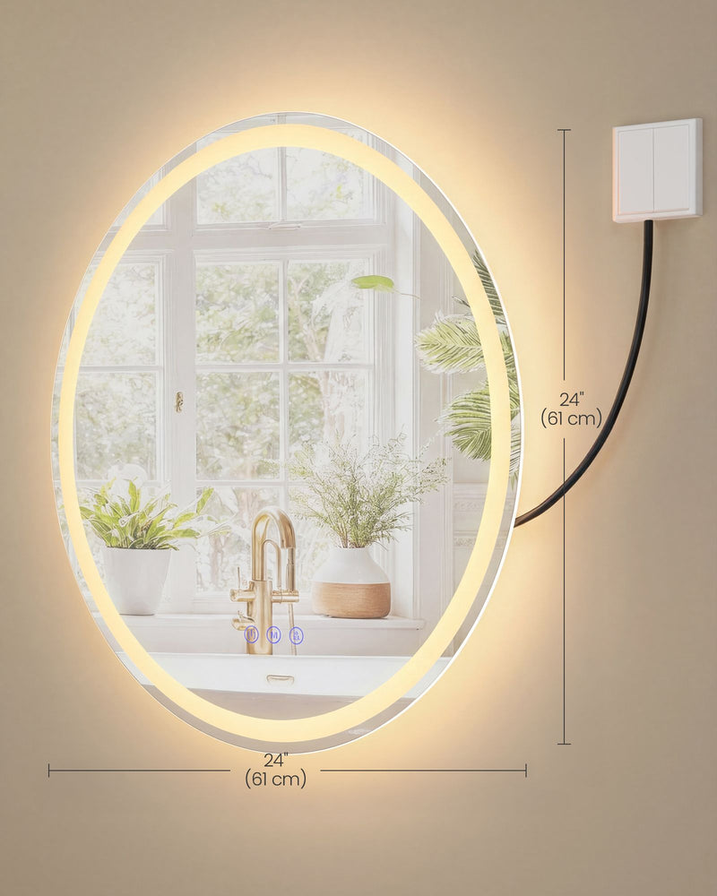 Dimensions diagram of the 61 cm round LED mirror showing 61 cm width and height and a wall switch cable