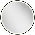 Black framed 60 cm round LED bathroom mirror with a glowing edge light on a white background