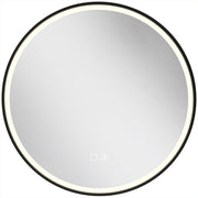 Black framed 60 cm round LED bathroom mirror with a glowing edge light on a white background