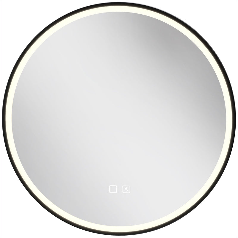 Black framed 60 cm round LED bathroom mirror with a glowing edge light on a white background