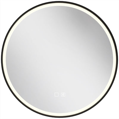 Black framed 60 cm round LED bathroom mirror with a glowing edge light on a white background