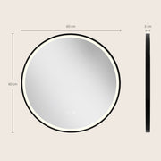 Dimensions diagram showing the round mirror at 60 cm wide, 60 cm high and 3 cm deep