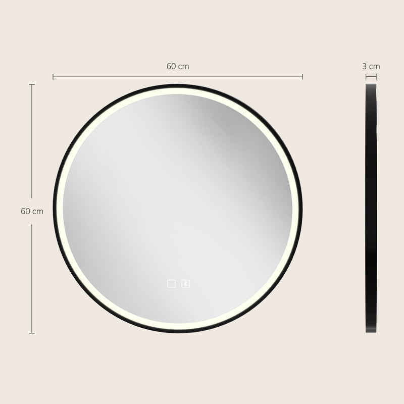 Dimensions diagram showing the round mirror at 60 cm wide, 60 cm high and 3 cm deep