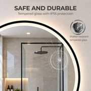 Shatter-resistant tempered glass graphic with a cracked glass icon over a shower scene