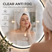 Anti-fog graphic showing a clear demister area on the mirror as a woman in a towel looks in