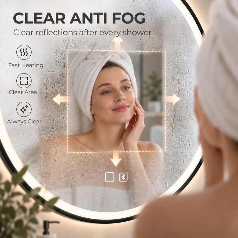 Anti-fog graphic showing a clear demister area on the mirror as a woman in a towel looks in