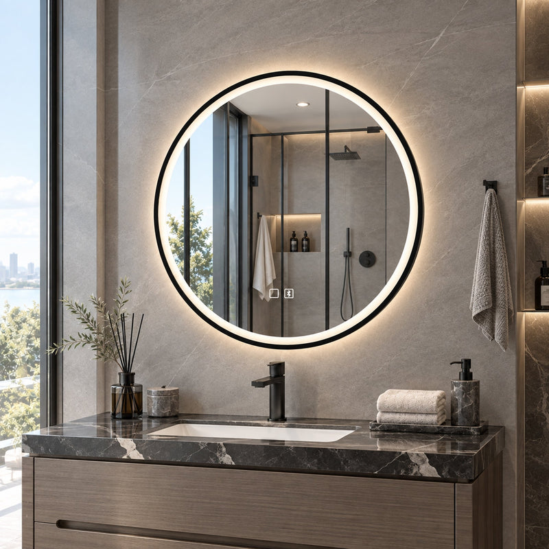 Round LED mirror lit above a dark marble vanity in a modern bathroom