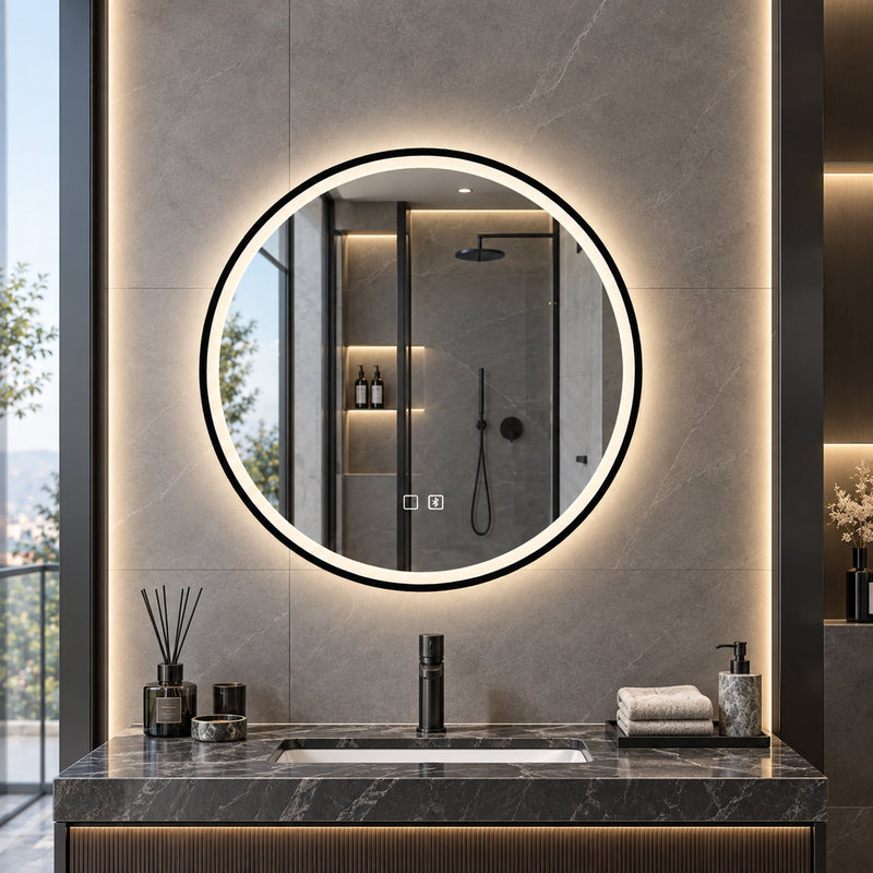Black framed LED mirror glowing above a stone vanity with a shower behind