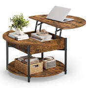 Rustic brown round coffee table with the top lifted, books inside and a basket on the lower shelf