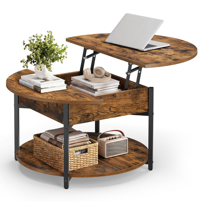 Rustic brown round coffee table with the top lifted, books inside and a basket on the lower shelf