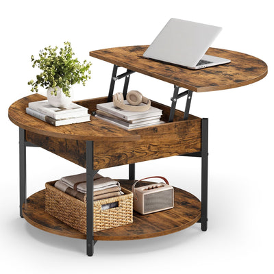 Rustic brown round coffee table with the top lifted, books inside and a basket on the lower shelf