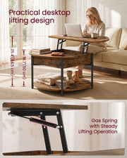 Woman using a laptop on the lifted top of the round coffee table, with lift heights and gas spring close-up
