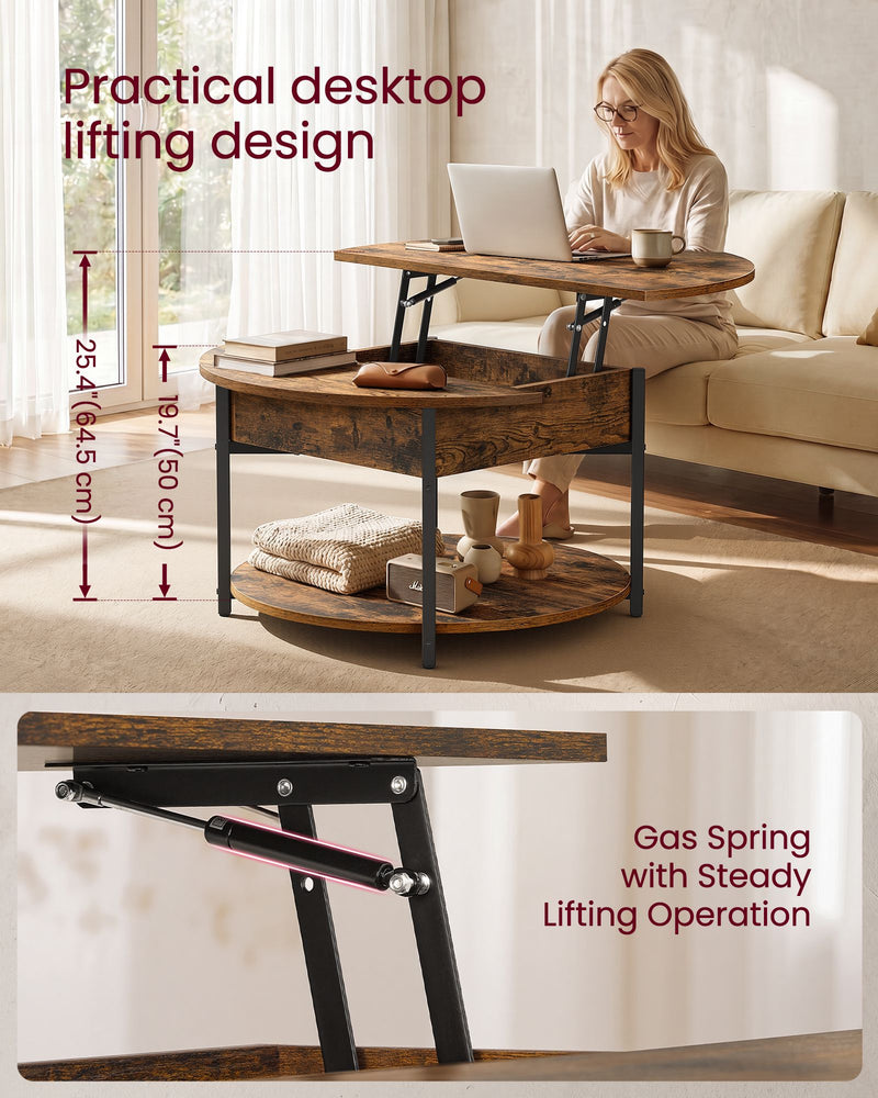 Woman using a laptop on the lifted top of the round coffee table, with lift heights and gas spring close-up