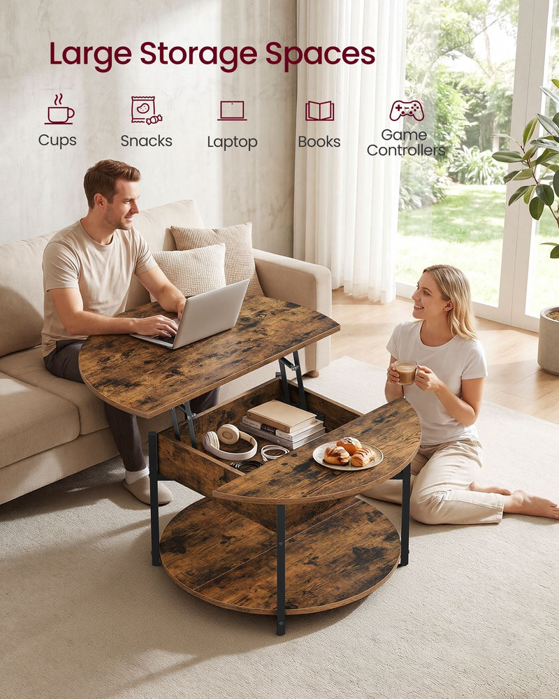 Two people beside the lift-top coffee table, one working on a laptop and one reaching into the hidden storage