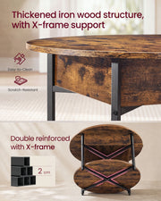 Close-up of the wood-effect tabletop and the X-frame support under the lower shelf
