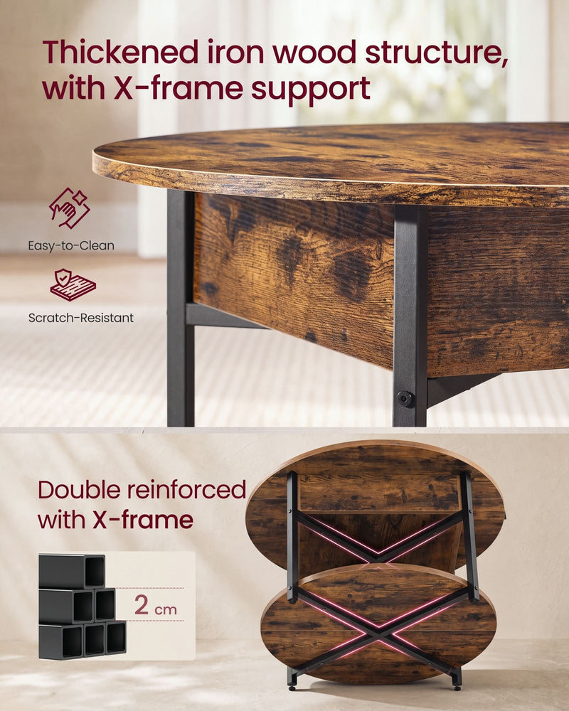 Close-up of the wood-effect tabletop and the X-frame support under the lower shelf