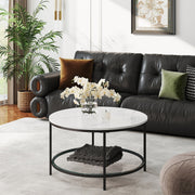 Round marble-effect coffee table with glass shelf by Vasagle, front view