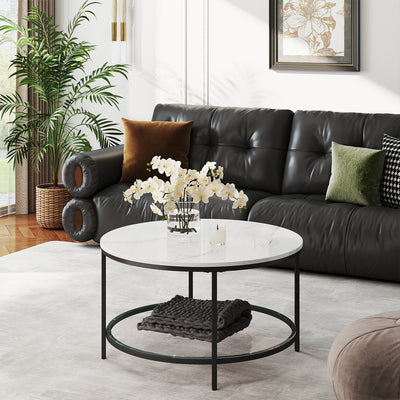 Round marble-effect coffee table with glass shelf by Vasagle, front view