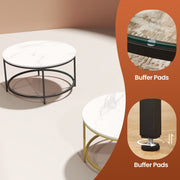 Close-up of the tempered glass shelf on the round marble-effect coffee table